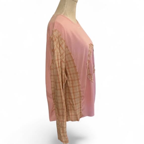 Women's Large Peace Sign Trendy Ragged Edge Pink/Plaid Long Sleeve Top - Picture 2 of 5
